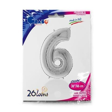 Balon Foliowy Cyfra 6, Srebrna, 66 cm Grabo