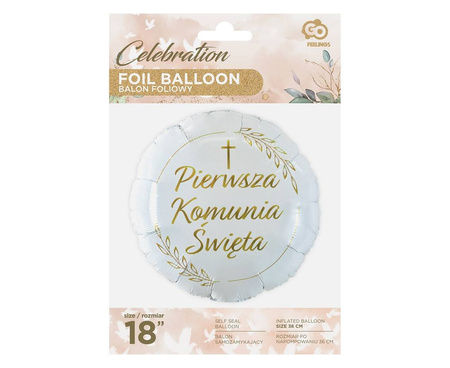 Balon foliowy okrągły Pierwsza Komunia Święta (kłosy), 46 cm
