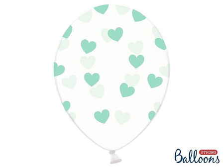 Balony Transparentne w Miętowe Serduszka, Crystal Clear 30cm (1 op. / 6 szt.)