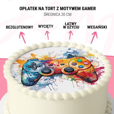 Opłatek na tort Pad Kolorowy Gamer okrągły 20 cm premium, wegański, bezglutenowy, wycięty