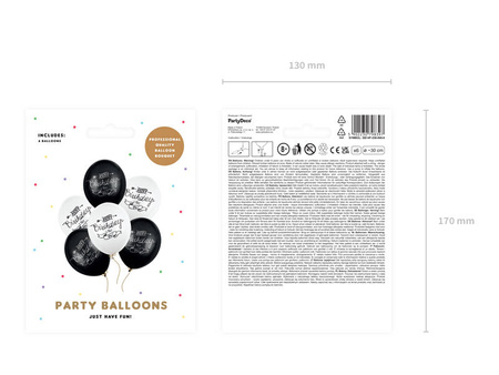 Balony urodzinowe, Happy Birthday czarno białe 30cm, 6 szt.