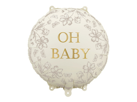 Balon foliowy okrągły Oh Baby – beżowy ze złotym napisem, 35x35 cm