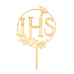 Topper Komunia Święta IHS lustrzany złoty 1 szt., 11x13 cm