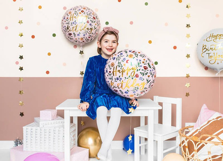 Balon foliowy Happy Birthday! Jasny różowy boho, 35cm