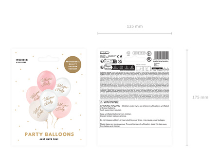 Balony Welcome Baby, Narodziny, baby shower różowy, 30 cm, 6 szt.