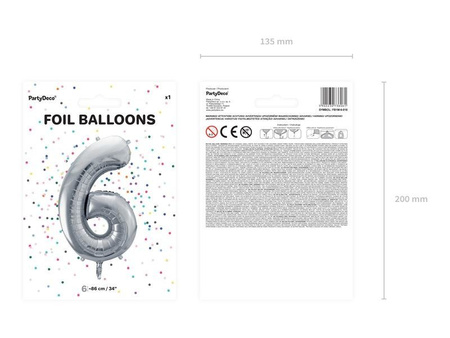 Balon foliowy Cyfra 6 srebrna, 86cm