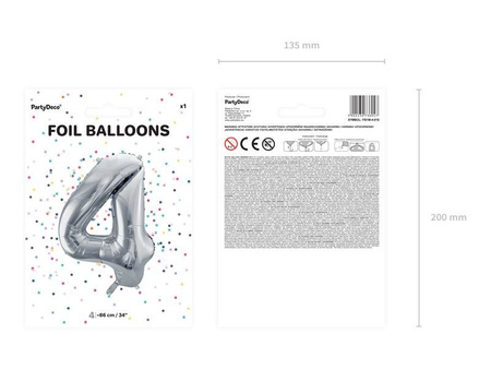 Balon foliowy Cyfra 4 srebrna, 86cm