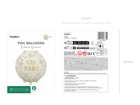 Balon foliowy okrągły Oh Baby – beżowy ze złotym napisem, 35x35 cm