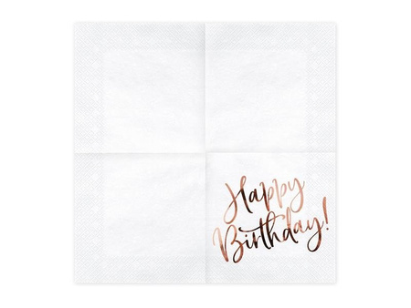 Serwetki urodzinowe, Happy Birthday, białe z napisem Rose Gold, 33 x 33 cm
