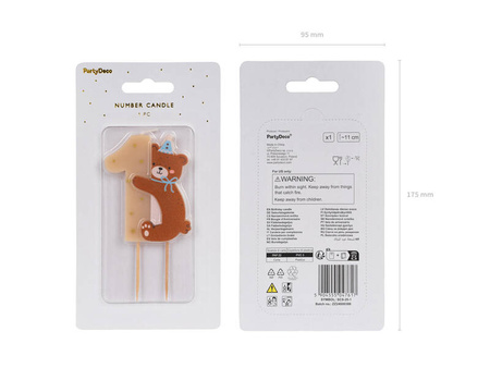 Świeczka urodzinowa Cyferka 1 z misiem na roczek, 7 cm