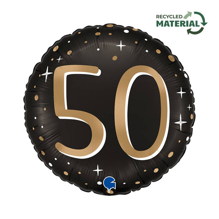 Balon Foliowy, okrągły, 50 urodziny, czarno- złoty, - 46cm