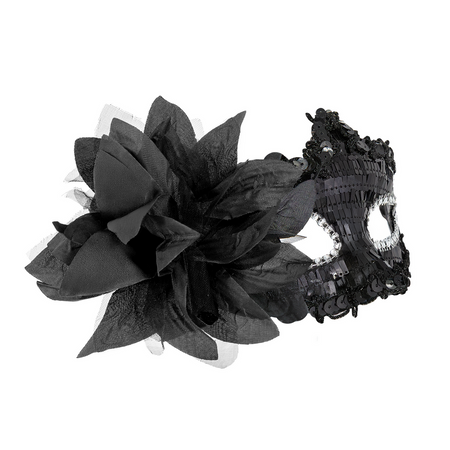 Maska karnawałowa z cekinami i kwiatem czarna 16x10cm