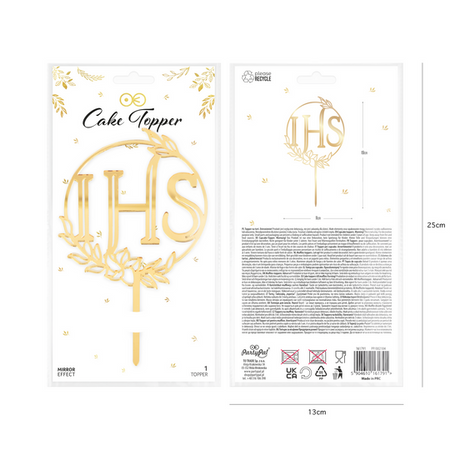 Topper Komunia Święta IHS lustrzany złoty 1 szt., 11x13 cm