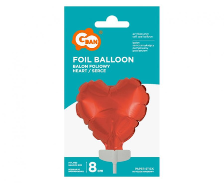 Balon Foliowy Serce na Patyczku 8 cm, Czerwony, Walentynki
