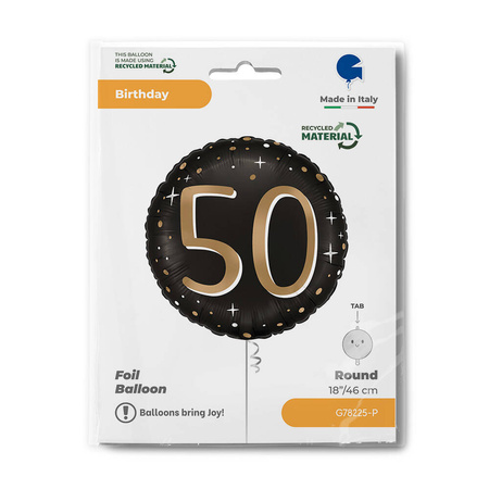 Balon Foliowy, okrągły, 50 urodziny, czarno- złoty, - 46cm