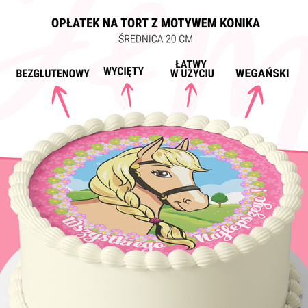 Opłatek na tort Różowy Konik okrągły 20 cm premium, wegański, bezglutenowy, wycięty
