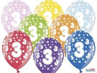 Balony lateksowe z nadrukiem '3' na urodziny, Metaliczne Mix, 30cm, 6 szt.