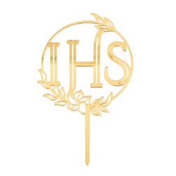 Topper Komunia Święta IHS lustrzany złoty 1 szt., 11x13 cm
