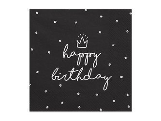 Serwetki urodzinowe czarne, Happy Birthday, 33x33 cm (1 op. / 20 szt.)