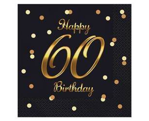 Serwetki urodzinowe Happy 60 Birthday czarne, 33 cm 20 sztuk