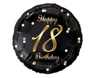 Balon foliowy Happy 18 Birthday, czarny nadruk złoty, 18'