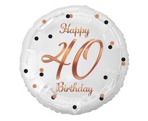 Balon foliowy Happy 40 Birthday, biały, nadruk różowo-złoty, 18'