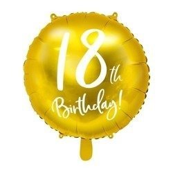 Balon foliowy, okrągły '18th Birthday' - Na 18 urodziny, złoty, 45 cm