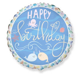 Balon urodzinowy okrągły Happy Birthday narwal morski świat 46cm