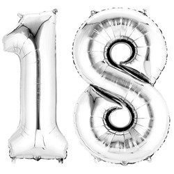 Balony Foliowe Cyfry 18 Urodziny Srebrne 100cm, Zestaw na Osiemnastkę