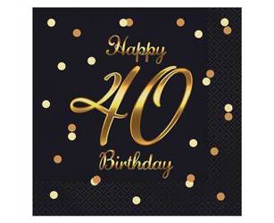 Serwetki urodzinowe Happy 40 Birthday czarne, 33 cm 20 sztuk