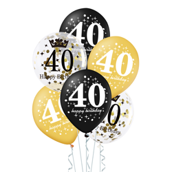 Zestaw balonów na 40 urodziny, czarno-złoty, 30cm, 6 szt.