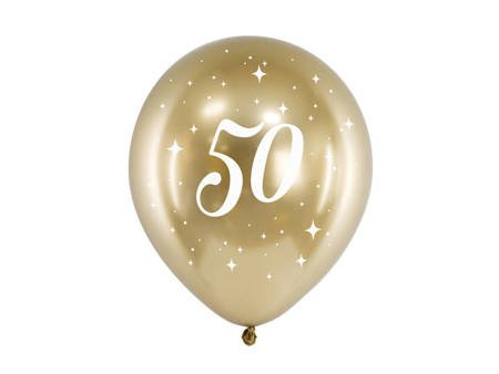 Balony Glossy 50 urodziny, Złoty chrom, 30cm, 6 szt.