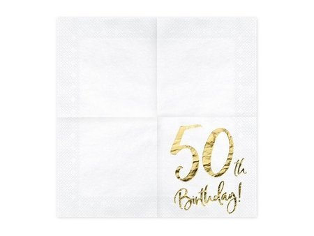 Serwetki '50th Birthday' na 50 urodziny, białe, 33x33cm (1 op. / 20 szt.)